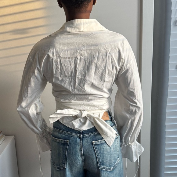 NWOT White Wrap Blouse V Neck Long Sleeve - Picture 2 of 7